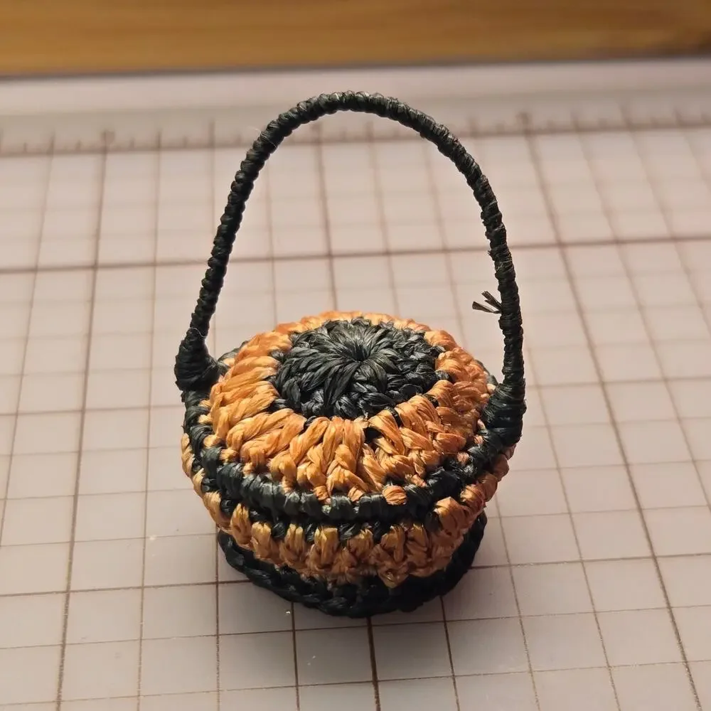 Vintage Miniature Woven Wicker Basket Black Amber Pattern Small Boho Doll